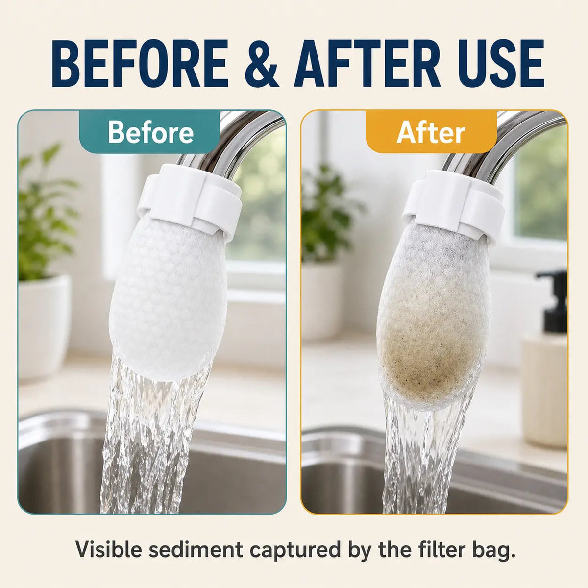 [Fits Faucets < 1"] 50 cotton filter bags disposable Cotton Faucet Filter Bags with 5 fastening straps, Splash-Reducing Tap Water Sediment Filter Sock with Elastic Cuff for Kitchen & Bathroom Faucets